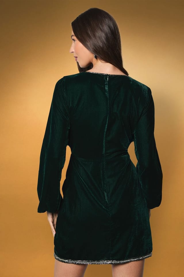 Coast Coast Women's Flare Sleeve Velvet Floral Embellished Mini Dress in Emerald - 3
