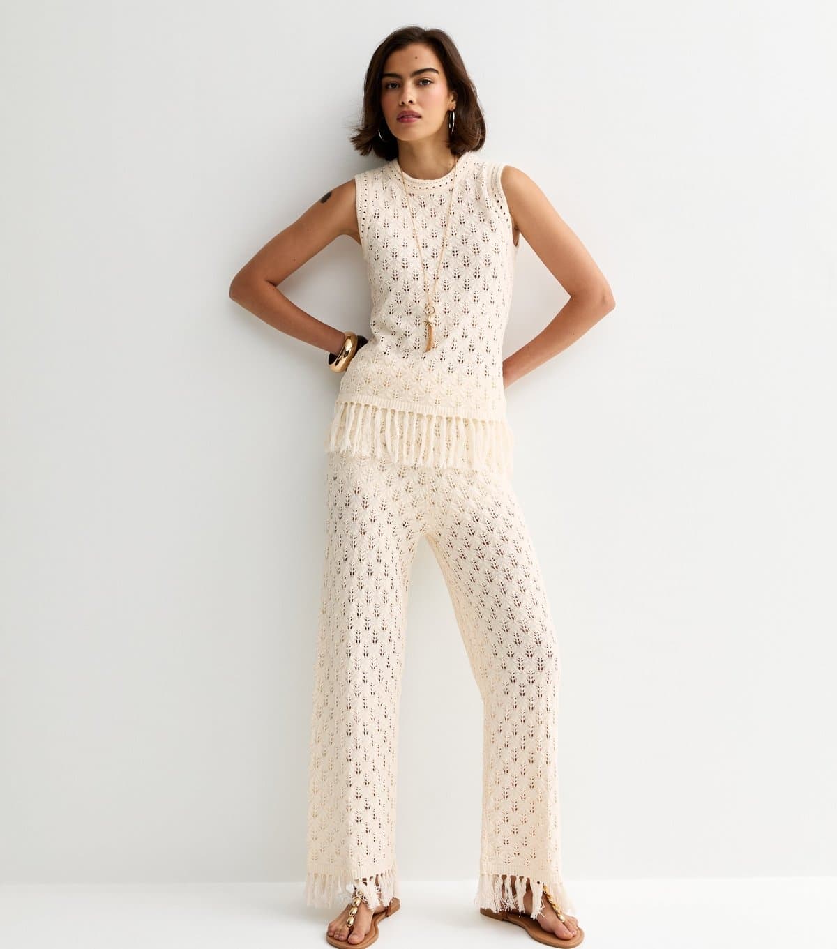 New Look Women's Cream Cotton Rich Knit Tassel Hem Wide Leg Trousers New Look