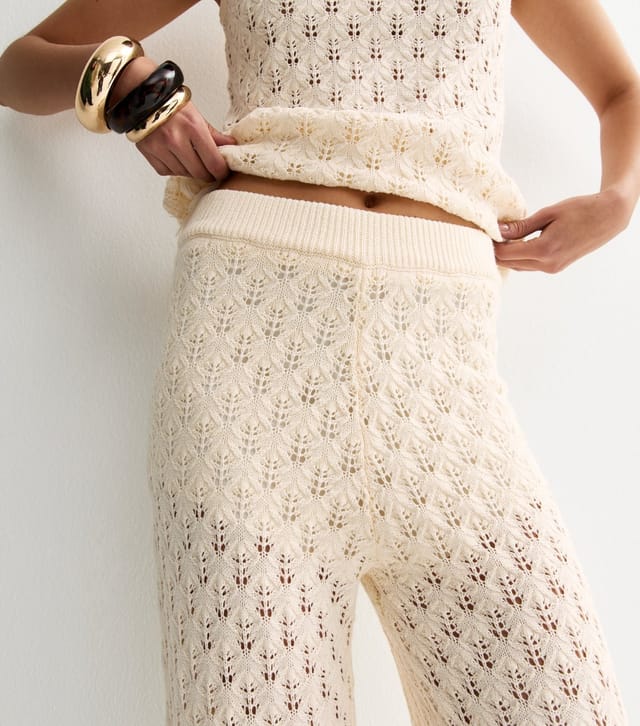 New Look Women's Cream Cotton Rich Knit Tassel Hem Wide Leg Trousers New Look - 2