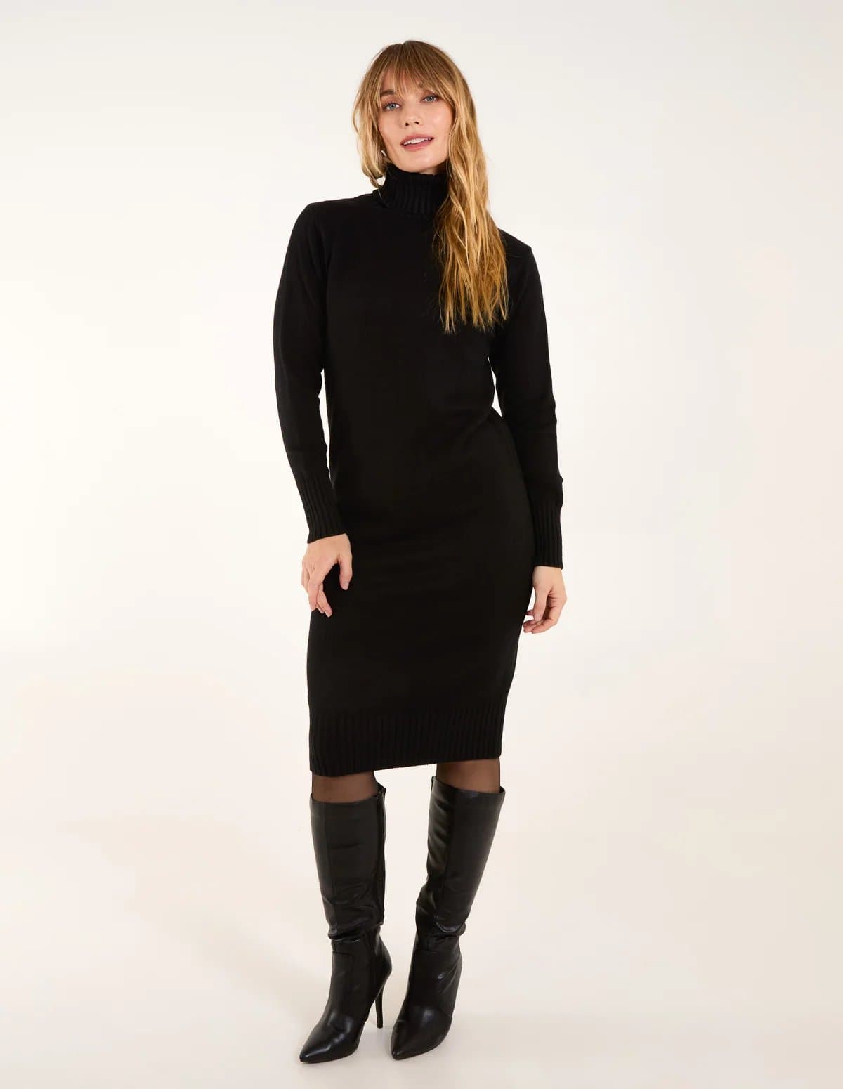 Blue Vanilla Ribbed Roll Neck Midi Dresss