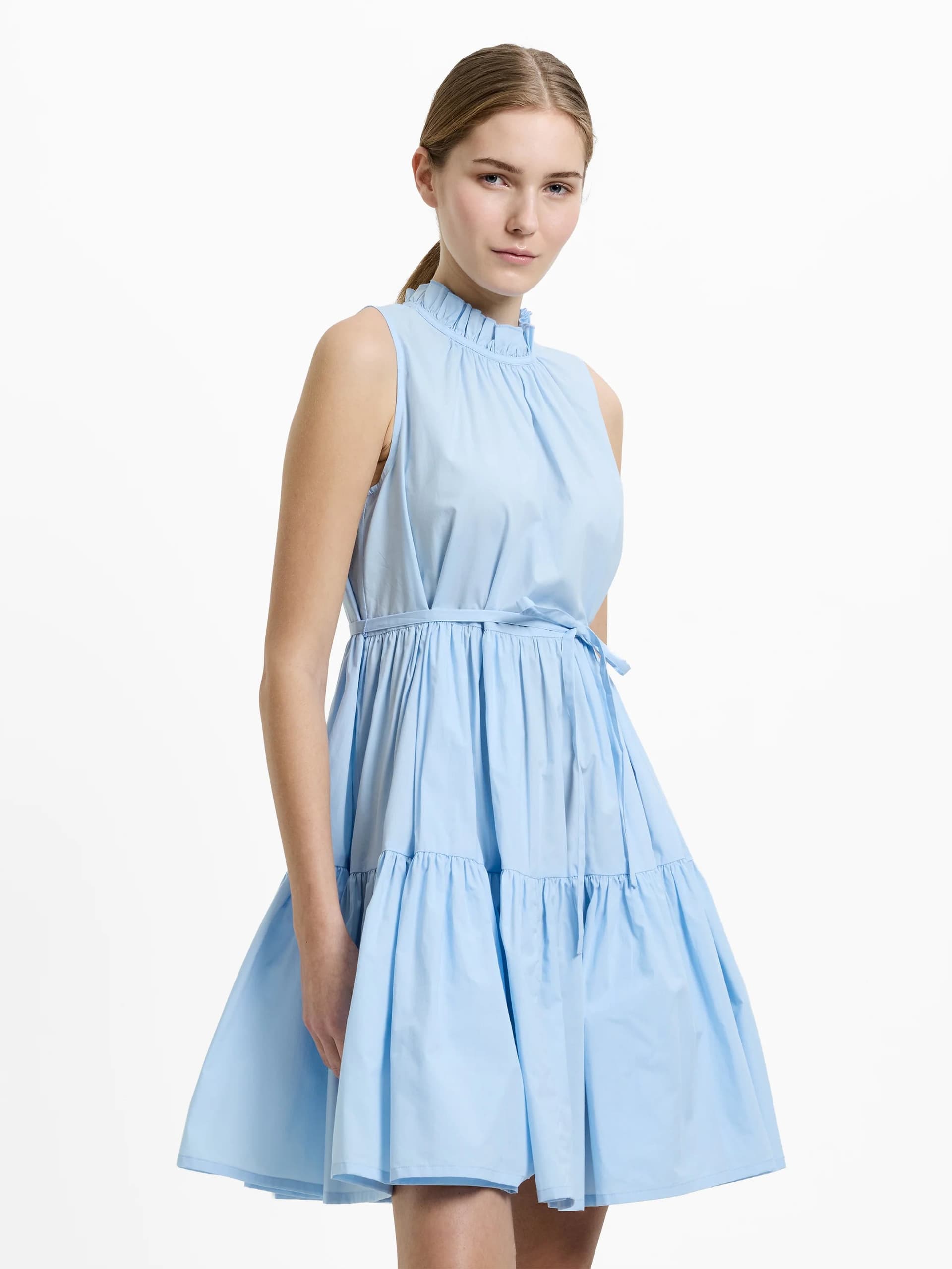 French Connection Tiered Poplin Belted Mini Dress Sky Blue