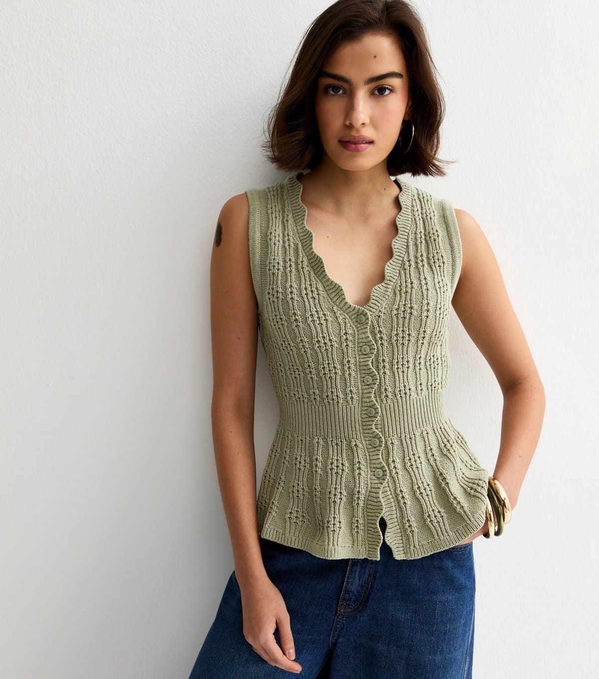 New Look Women's Green Cotton Rich Textured Knit Waistcoat New Look