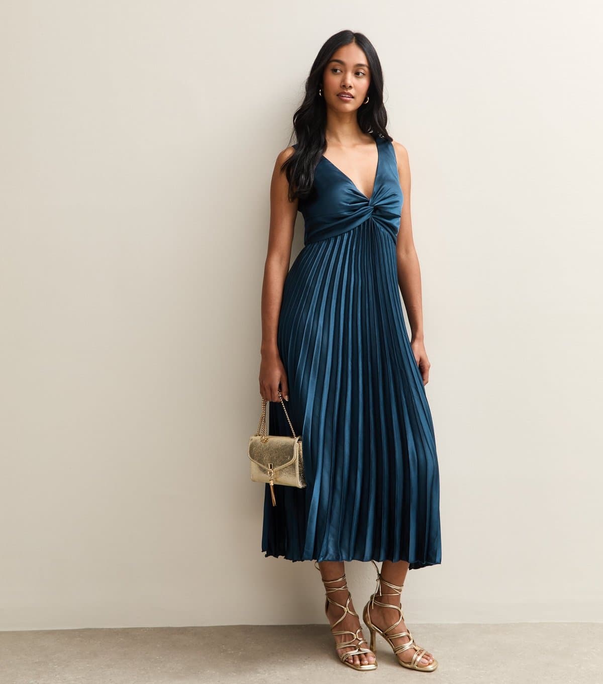 New Look Women's Navy Satin Pleated Midi Dress New Look