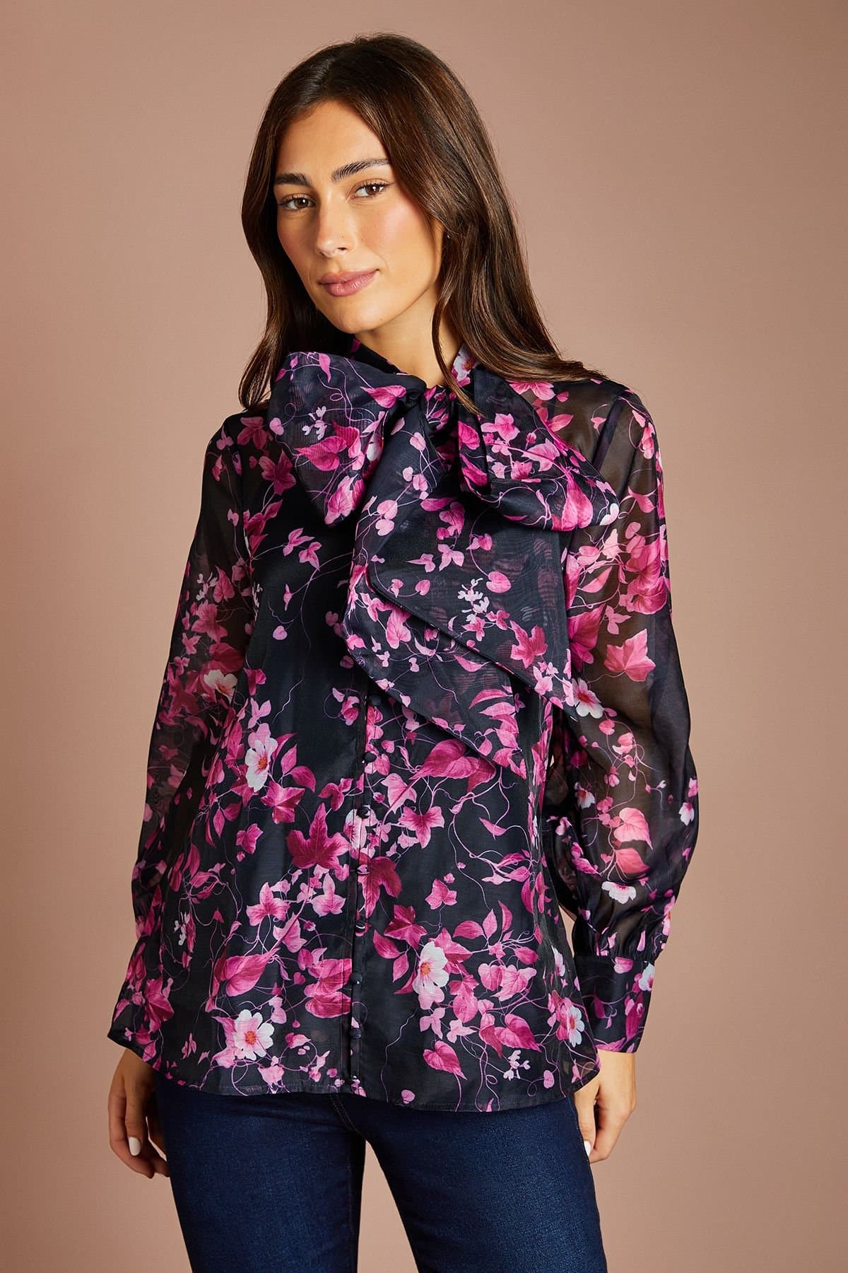 Coast Coast Women's Printed Stripe Bow Detail Shirt in Navy