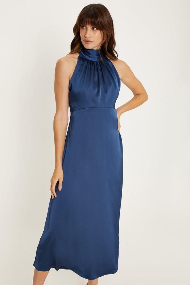 Oasis Oasis Women's Satin Halter Neck Midi Bridesmaid Dress in Navy - 2