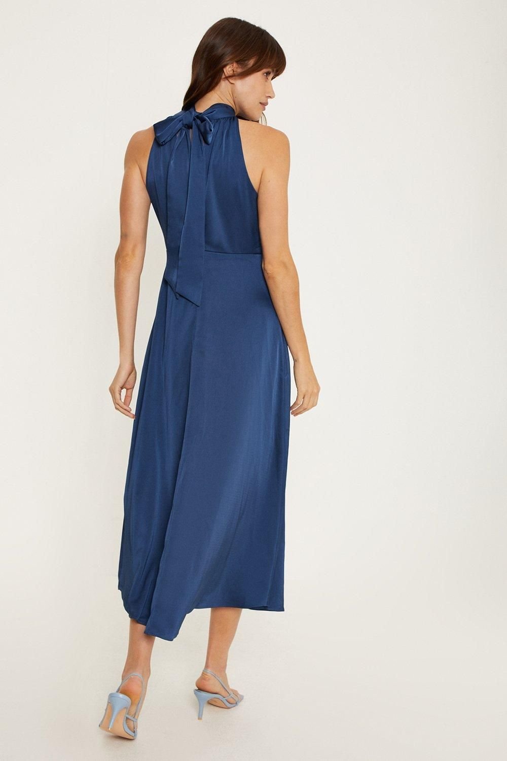 Oasis Oasis Women's Satin Halter Neck Midi Bridesmaid Dress in Navy - 3