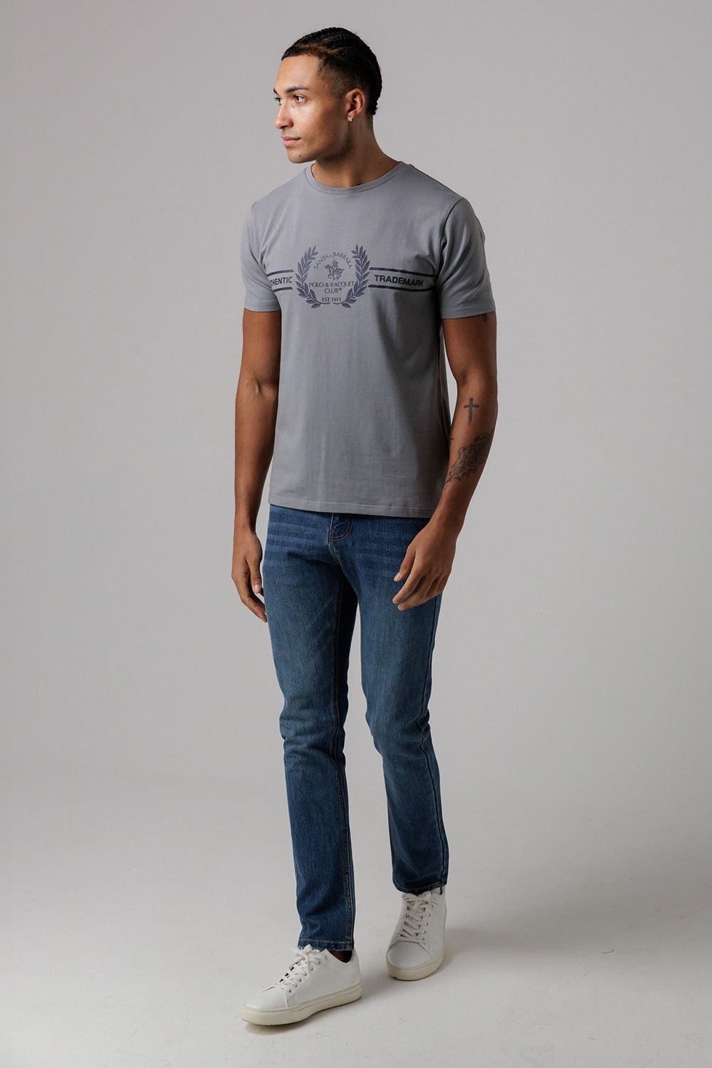 Santa Barbara Polo & Racquet Club Santa Barbara Polo & Racquet Club Men's Cotton Rich Stretch Heritage Logo T-Shirt in Grey - 4