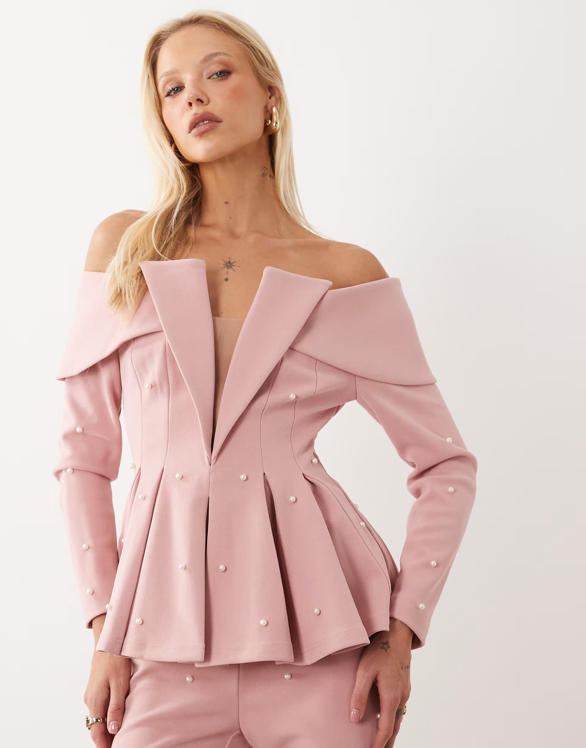 ASOS ASOS LUXE pearl embellished off shoulder blazer top in pale pink