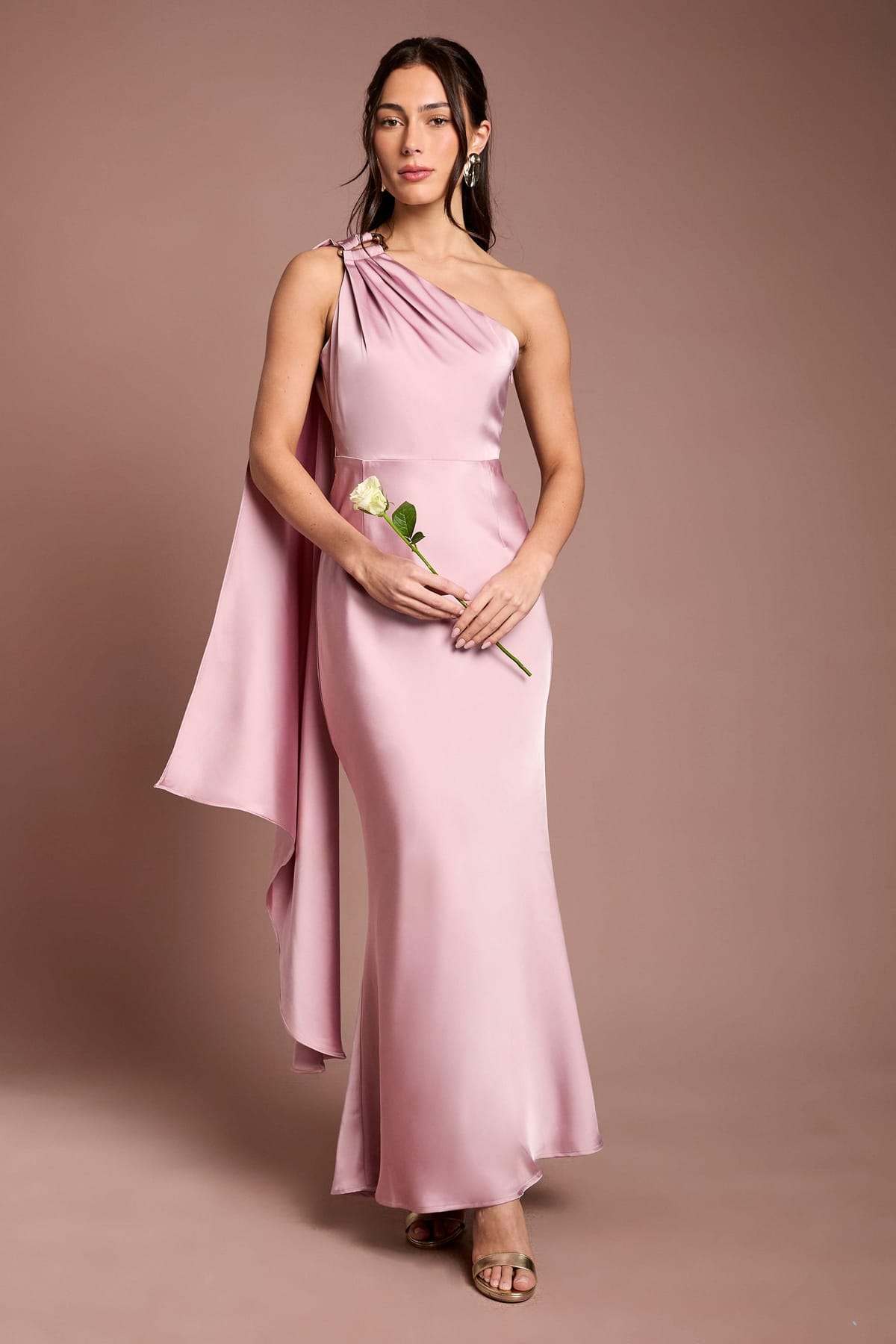 Coast Coast Women's One Shoulder Satin Maxi Bridesmaid Dress With Gold Trim in Dusty Rose - 1