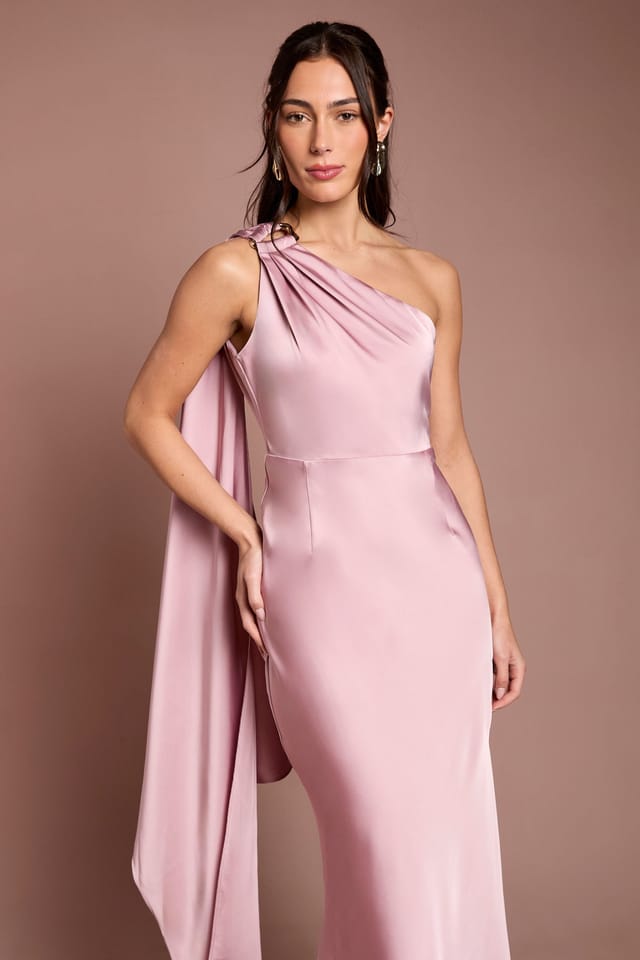 Coast Coast Women's One Shoulder Satin Maxi Bridesmaid Dress With Gold Trim in Dusty Rose - 2