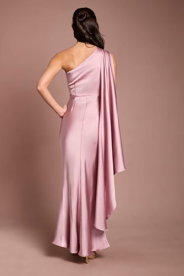 Coast Coast Women's One Shoulder Satin Maxi Bridesmaid Dress With Gold Trim in Dusty Rose - 3