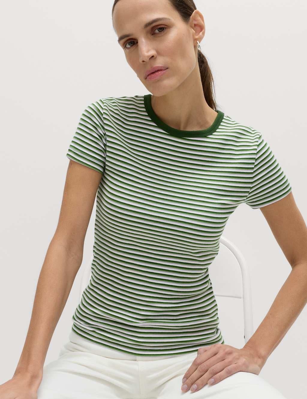 Marks & Spencer M&S Cotton Rich Ribbed Slim Fit T-Shirt Green Mix