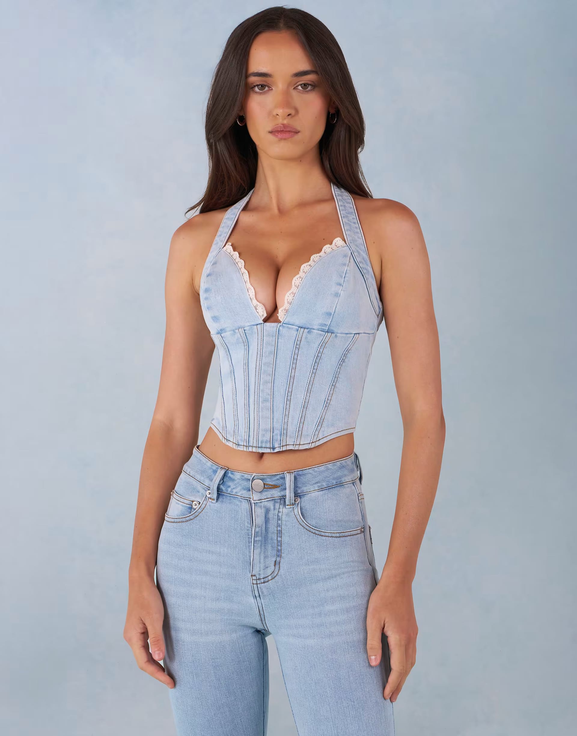 ASOS Light Blue Denim Corset Top with Embellishments