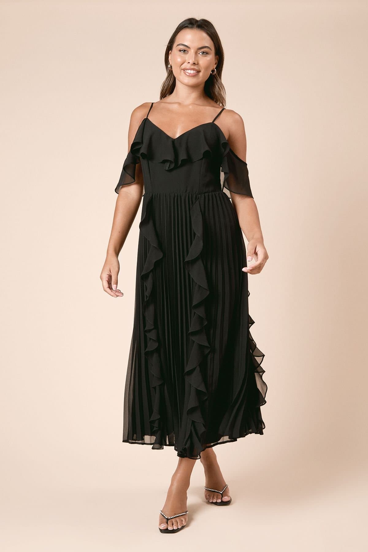 Dorothy Perkins Dorothy Perkins Women's DP Luxe Ruffle Front Cold Shoulder Midi Dress in Black