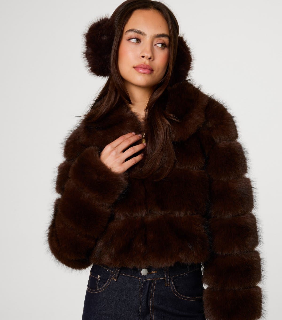 Pink Vanilla Women's Dark Brown Faux Fur Cropped Coat Pink Vanilla New Look