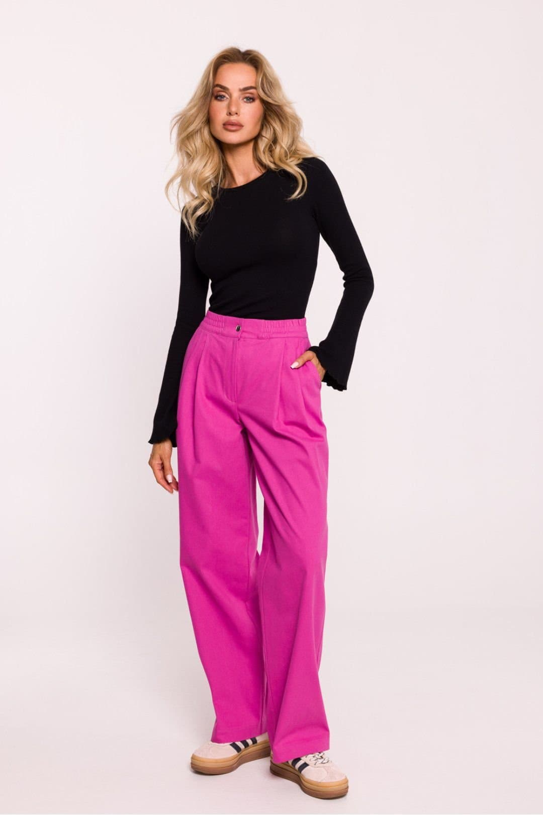 Love Lace Love Lace Pink Wide Leg Cotton Trousers with Elastic Waist