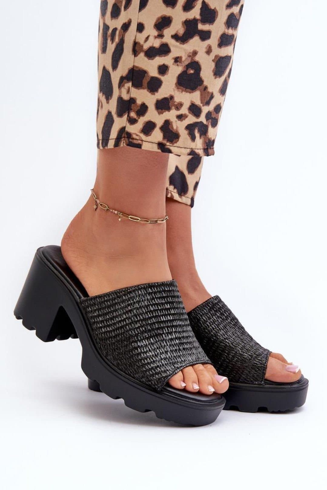 Love Lace Love Lace Women's Braided Strap Heeled Flip Flops with Cushioned Insole Comfort in Black