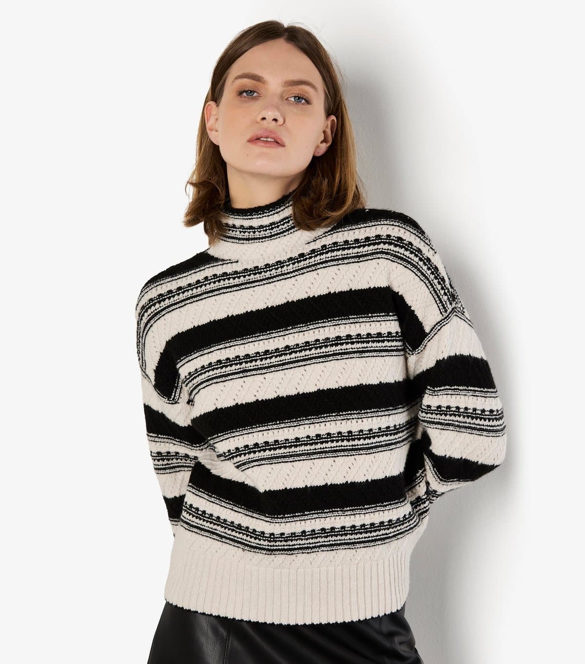 Apricot Women's Off White Stripe Pointelle High Neck Jumper Apricot New Look