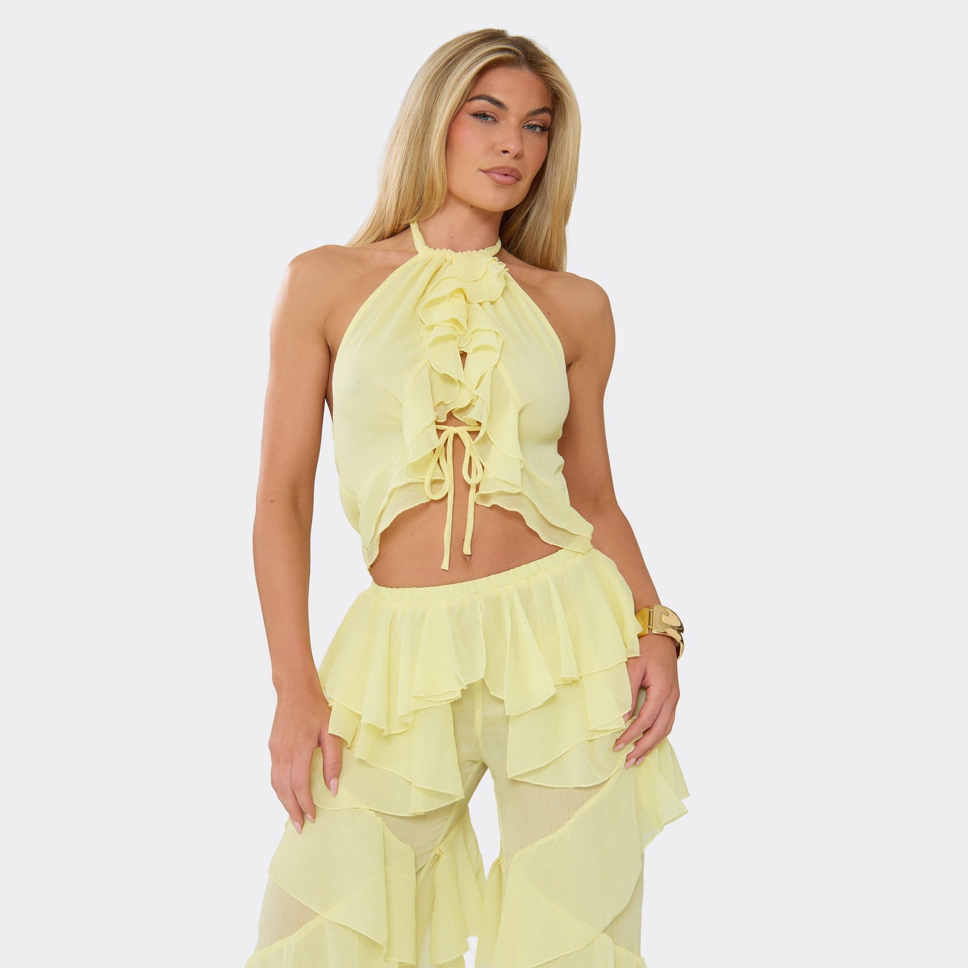 EGO Lemon Yellow Frill Halterneck Top, Women's Size UK 6