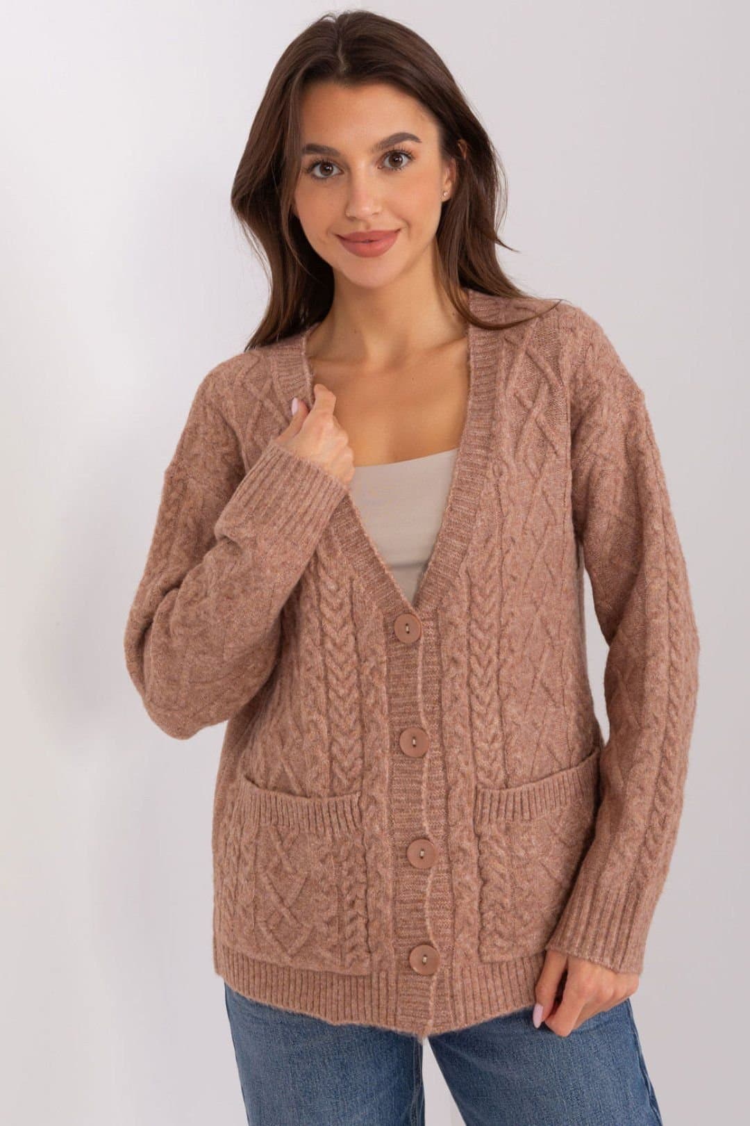 Love Lace Love Lace Women's Variegated Button Front V Neck Cardigan in Brown