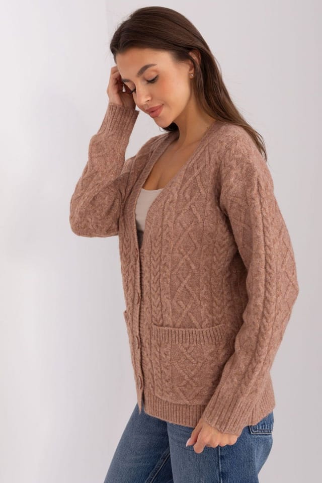 Love Lace Love Lace Women's Variegated Button Front V Neck Cardigan in Brown - 2