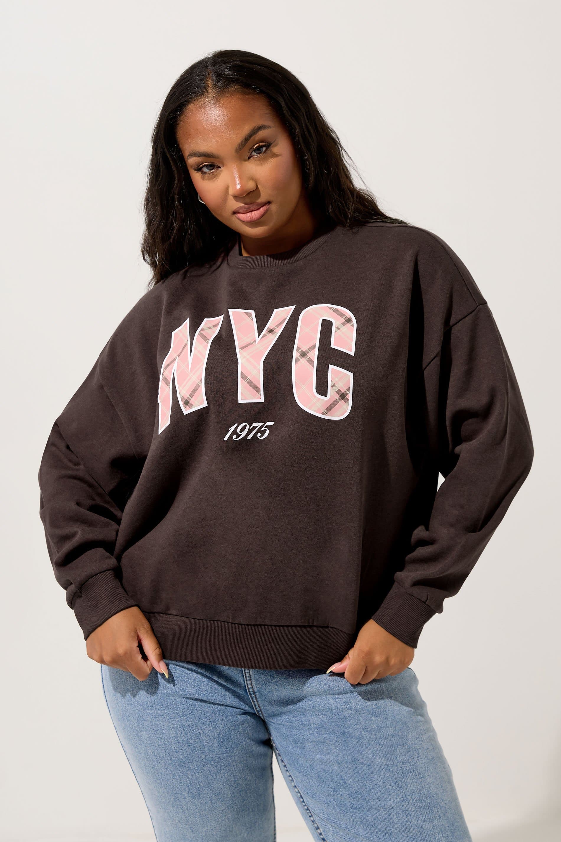 Yours Plus Size Chocolate Brown 'Nyc' Check Sweatshirt