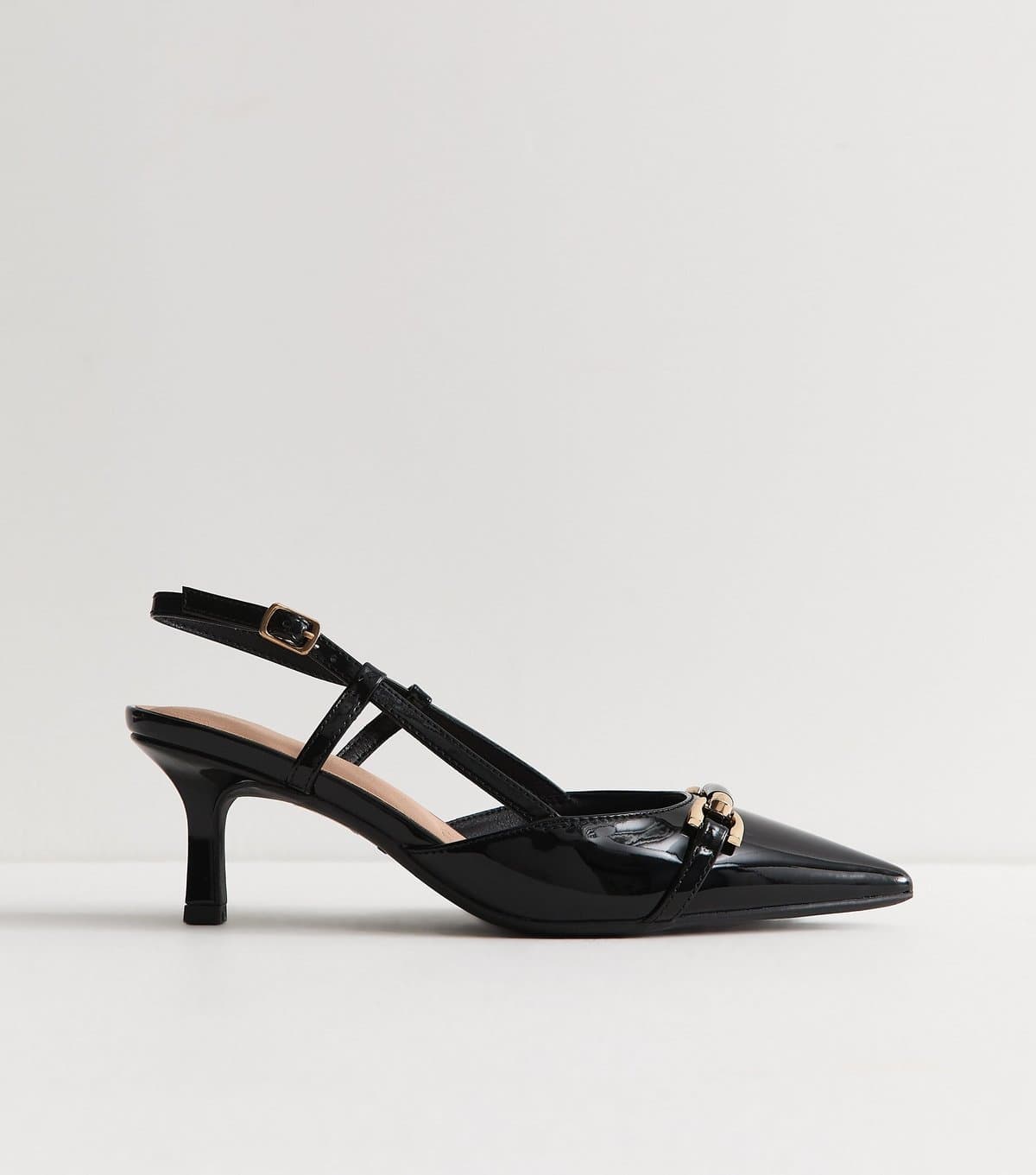 New Look Women's Black Patent Faux Leather Hardware Detail Slingback Pumps Vegan New Look