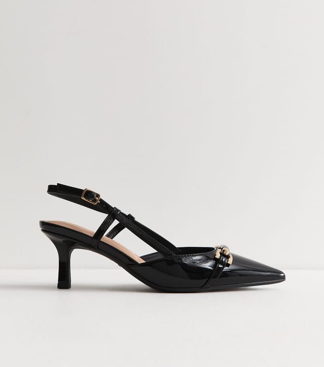 New Look Women's Black Patent Faux Leather Hardware Detail Slingback Pumps Vegan New Look - 2