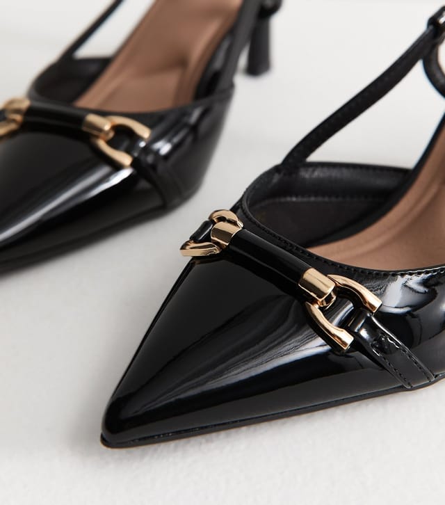 New Look Women's Black Patent Faux Leather Hardware Detail Slingback Pumps Vegan New Look - 3
