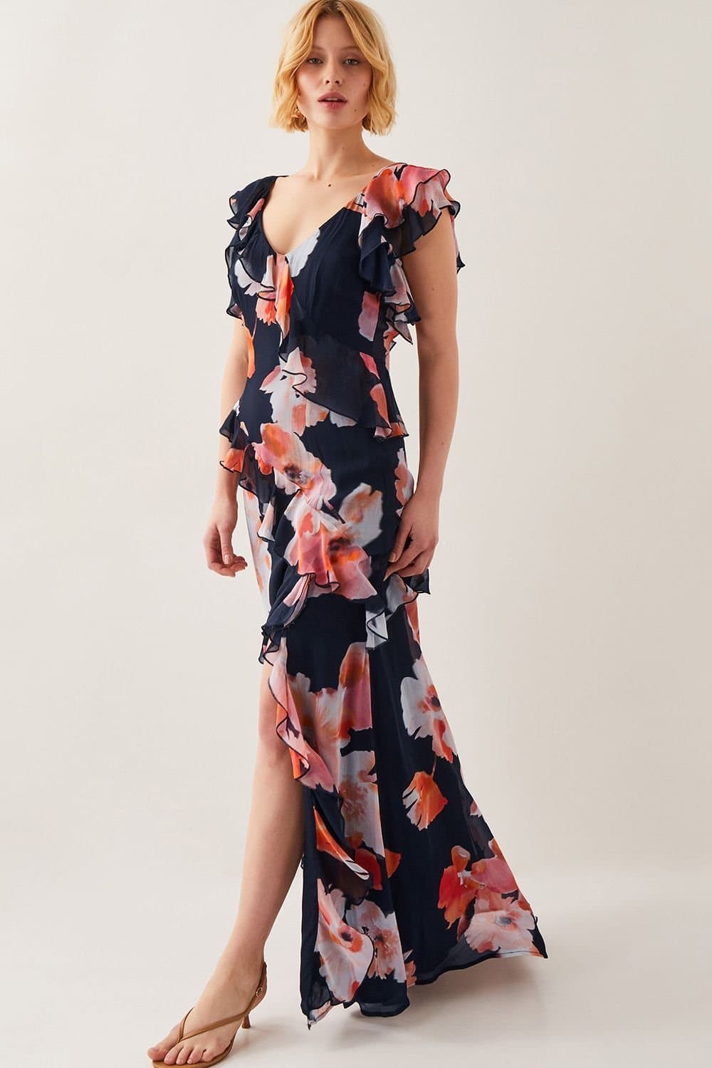 Monsoon Monsoon Women's Carrie Floral Ruffle Chiffon Maxi Dress Black