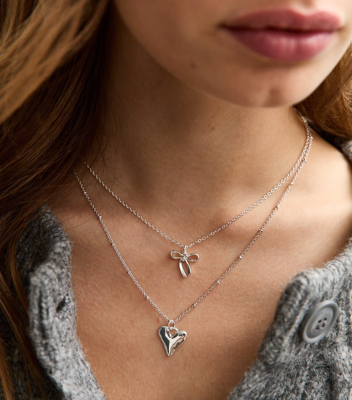 New Look Silver Tone 2 Layer Bow and Heart Pendant Necklace New Look