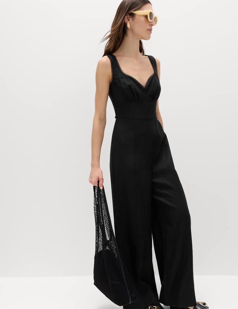 Marks & Spencer M&S Linen Blend Tie Detail Waisted Jumpsuit Black - 1