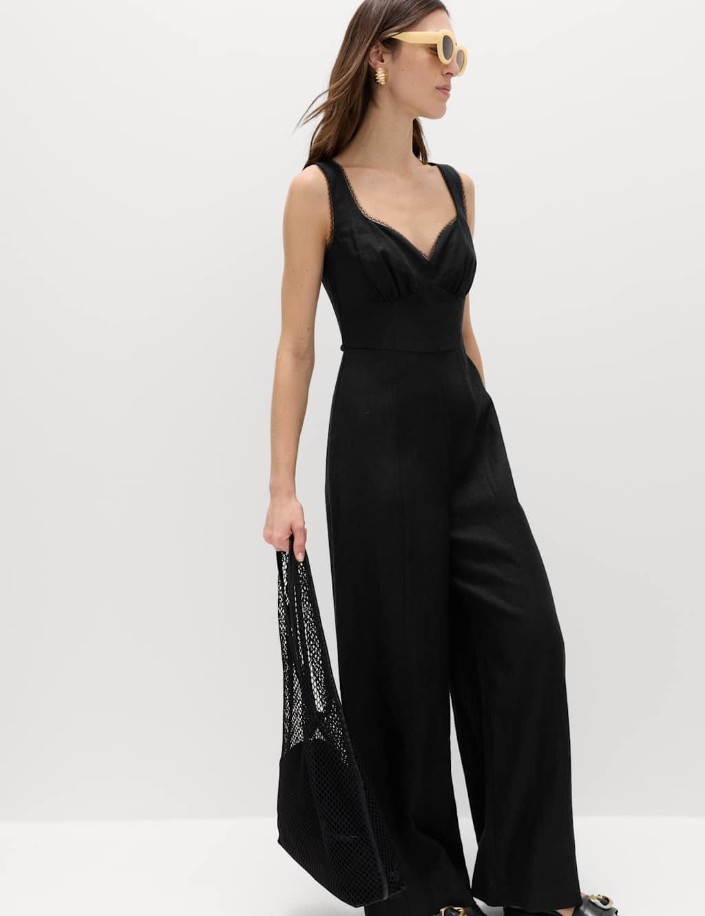 M&S Linen Blend Tie Detail Waisted Jumpsuit Black