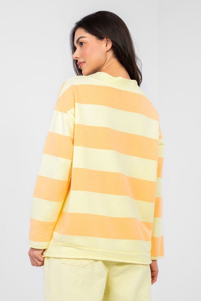 Love Lace Love Lace Women's Stylish Striped V Neck Cotton Blend Sweatshirt in Orange - 2