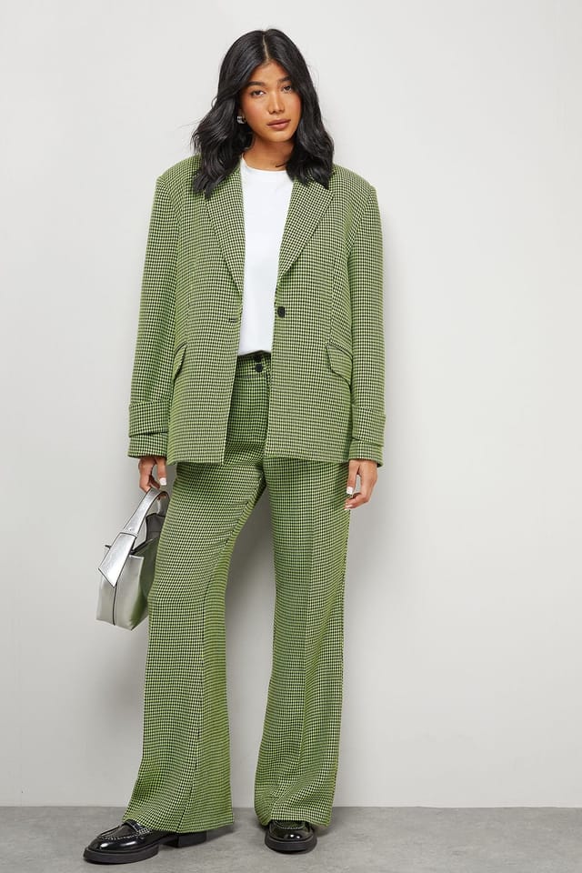 Warehouse Warehouse Women's Lime Dogtooth High Waist Deep Waistband Trouser Co-Ord - 2