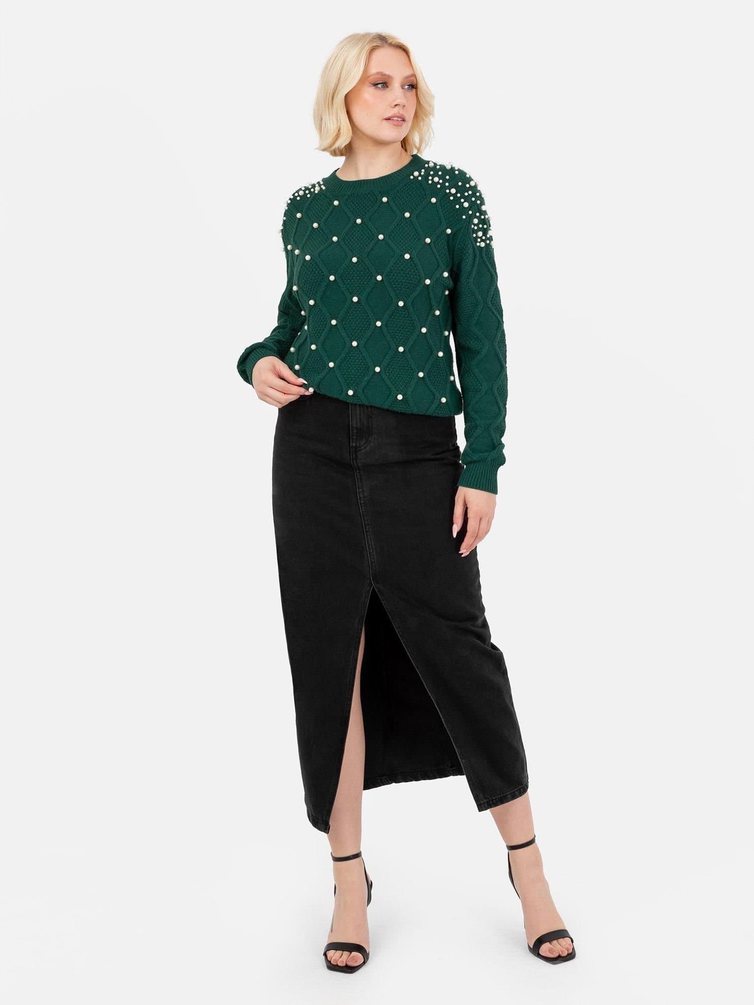 Lovedrobe Lovedrobe Women's Pearl Embellished Cable Knit Jumper in Green