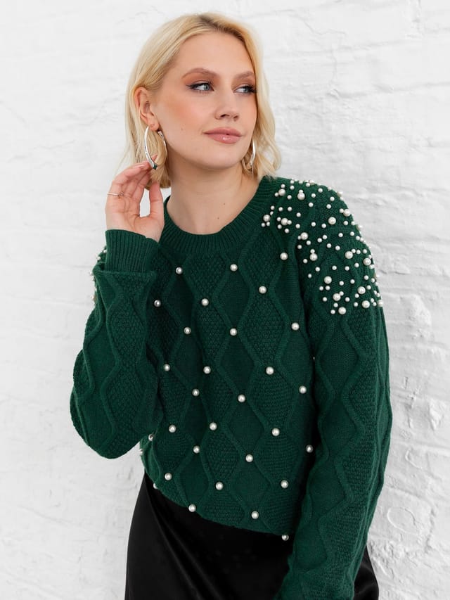 Lovedrobe Lovedrobe Women's Pearl Embellished Cable Knit Jumper in Green - 2