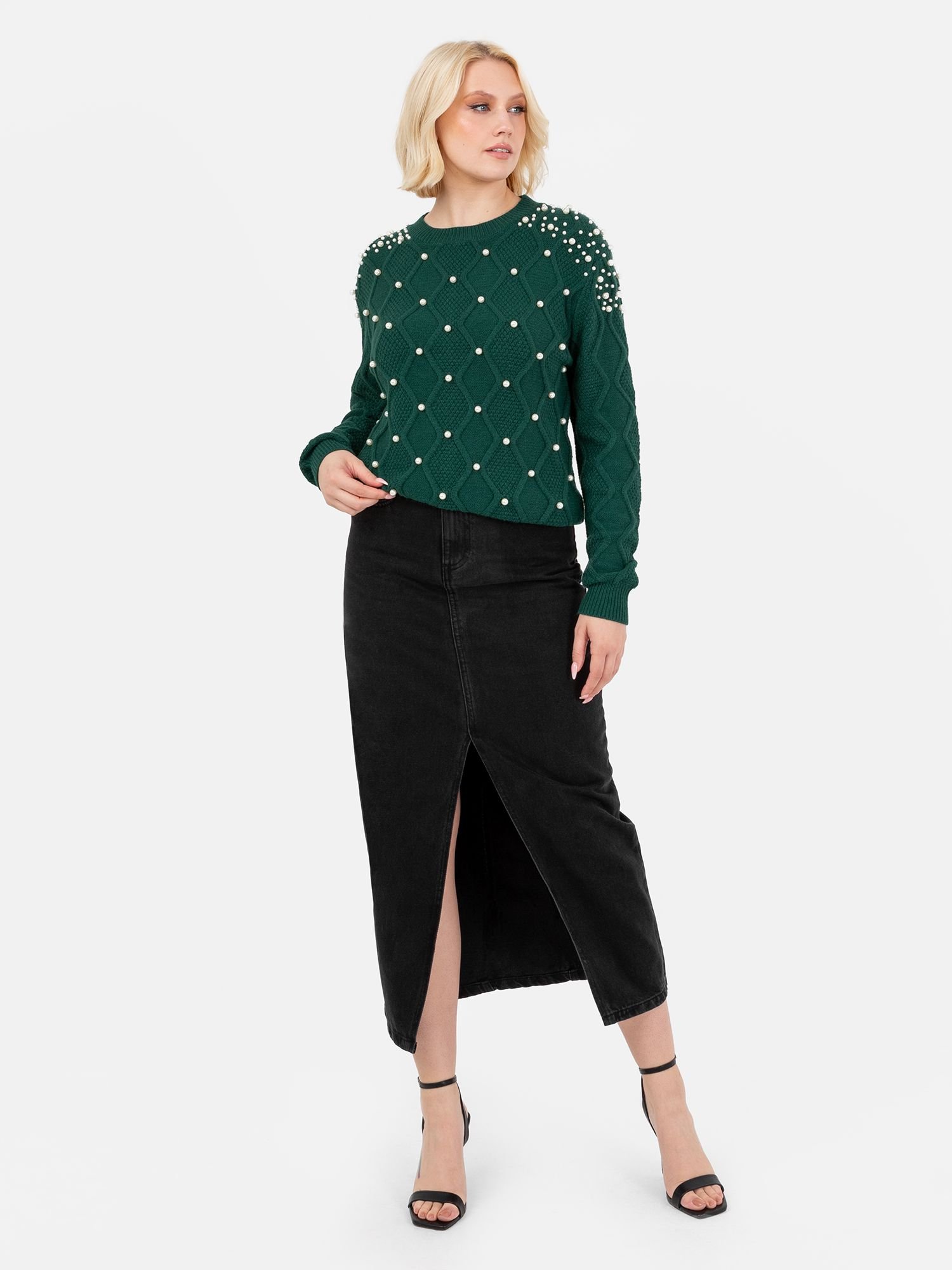 Lovedrobe Lovedrobe Women's Pearl Embellished Cable Knit Jumper in Green - 4