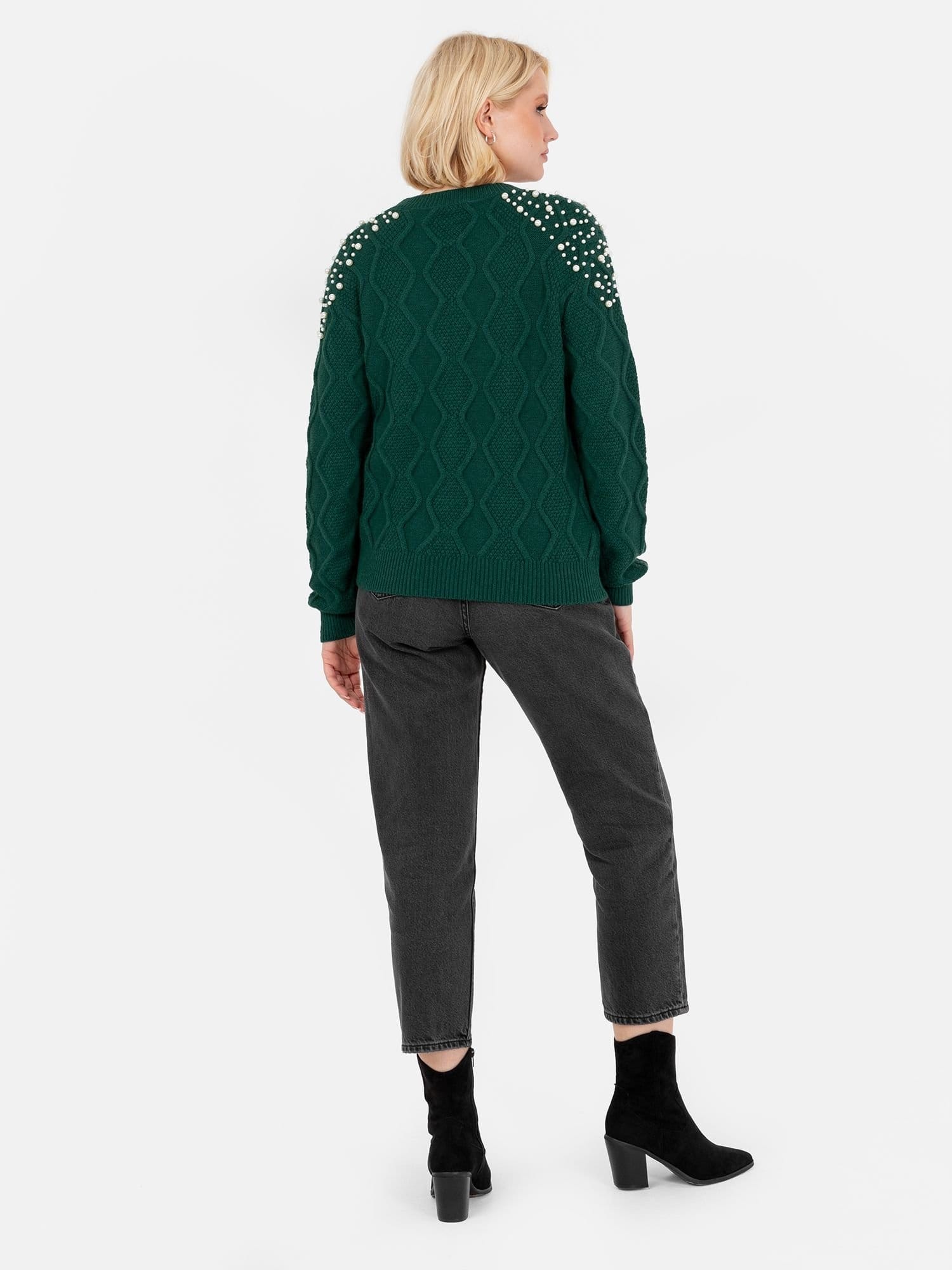 Lovedrobe Lovedrobe Women's Pearl Embellished Cable Knit Jumper in Green - 4