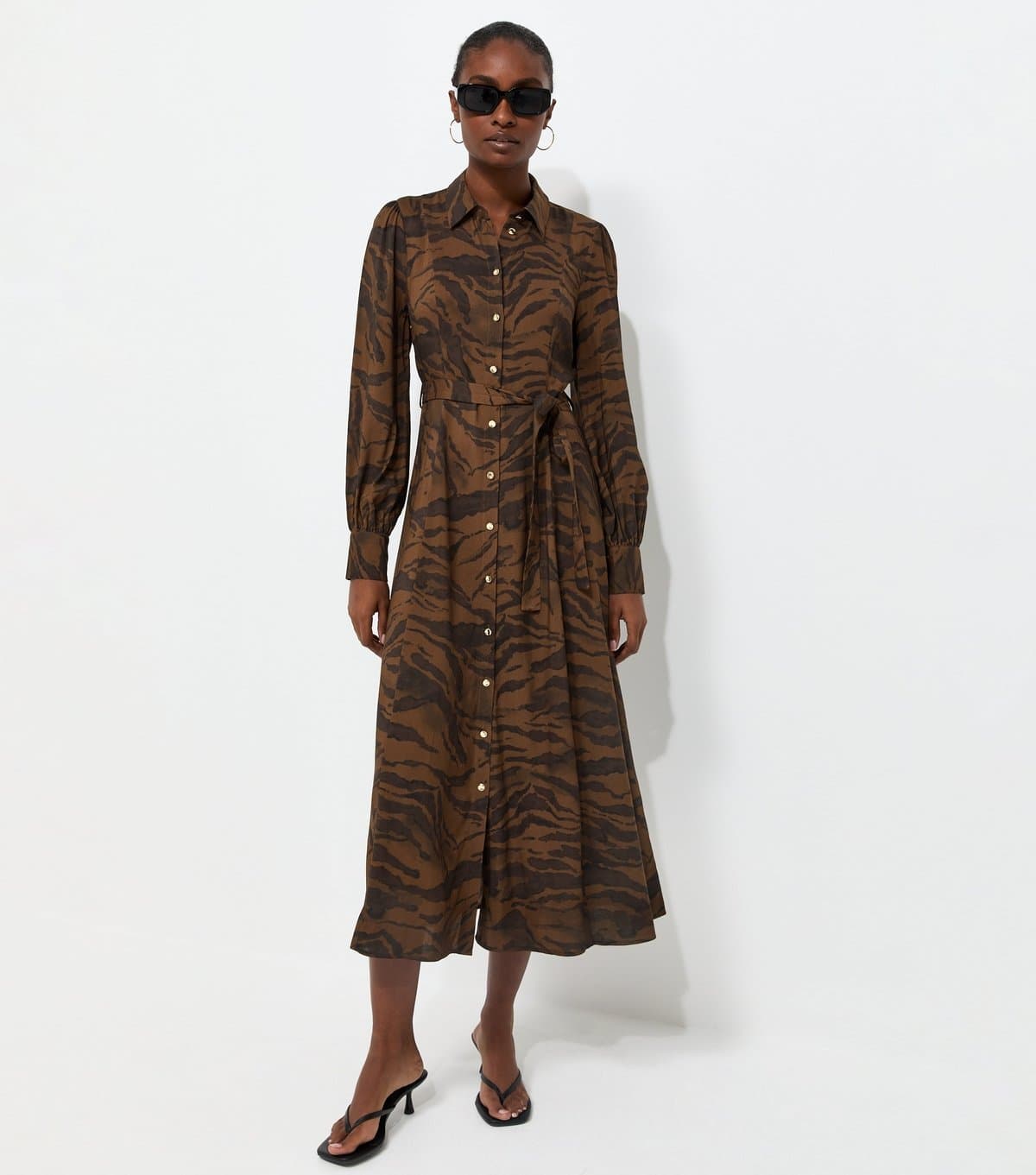 New Look Women's Brown Animal Print Long Sleeve Midi Shirt Dress New Look