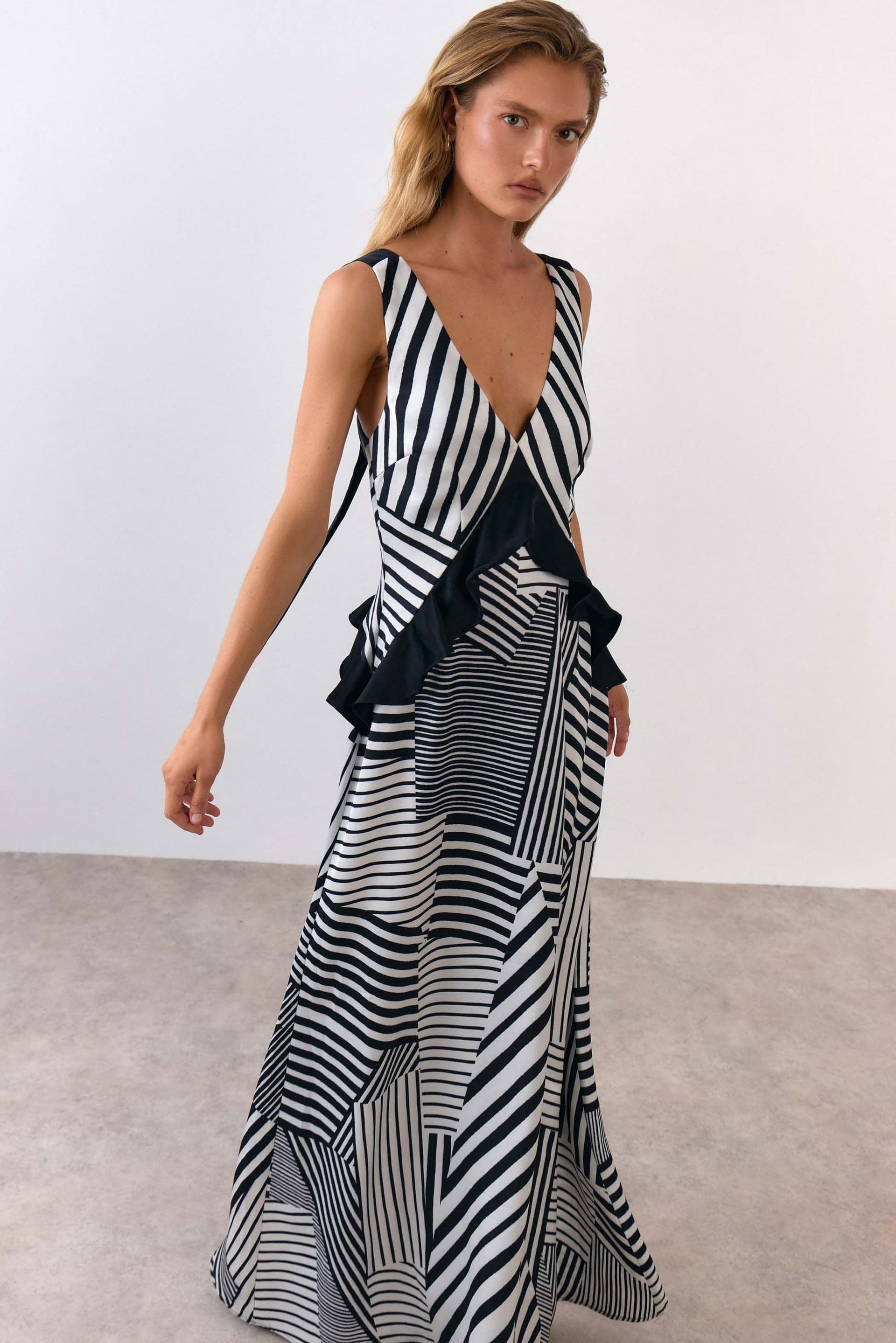Warehouse Warehouse Women's Mixed Panel Striped Racer Maxi Satin Dress in Mono