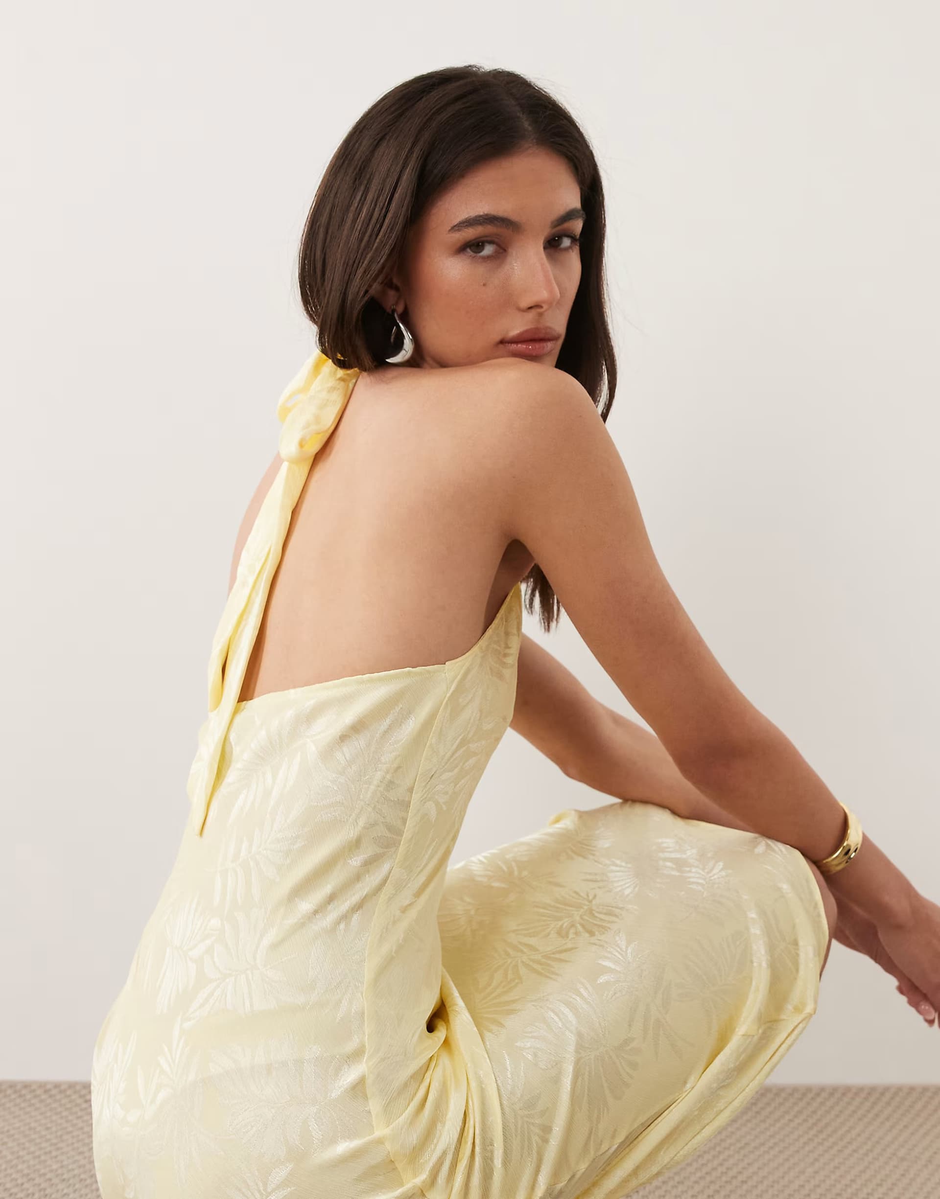 ASOS New Look satin palm jacquard halter neck maxi dress in yellow