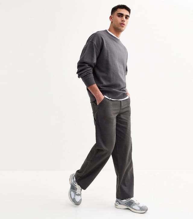 New Look Men's Dark Grey Relaxed Cotton Carpenter Trousers New Look - 3
