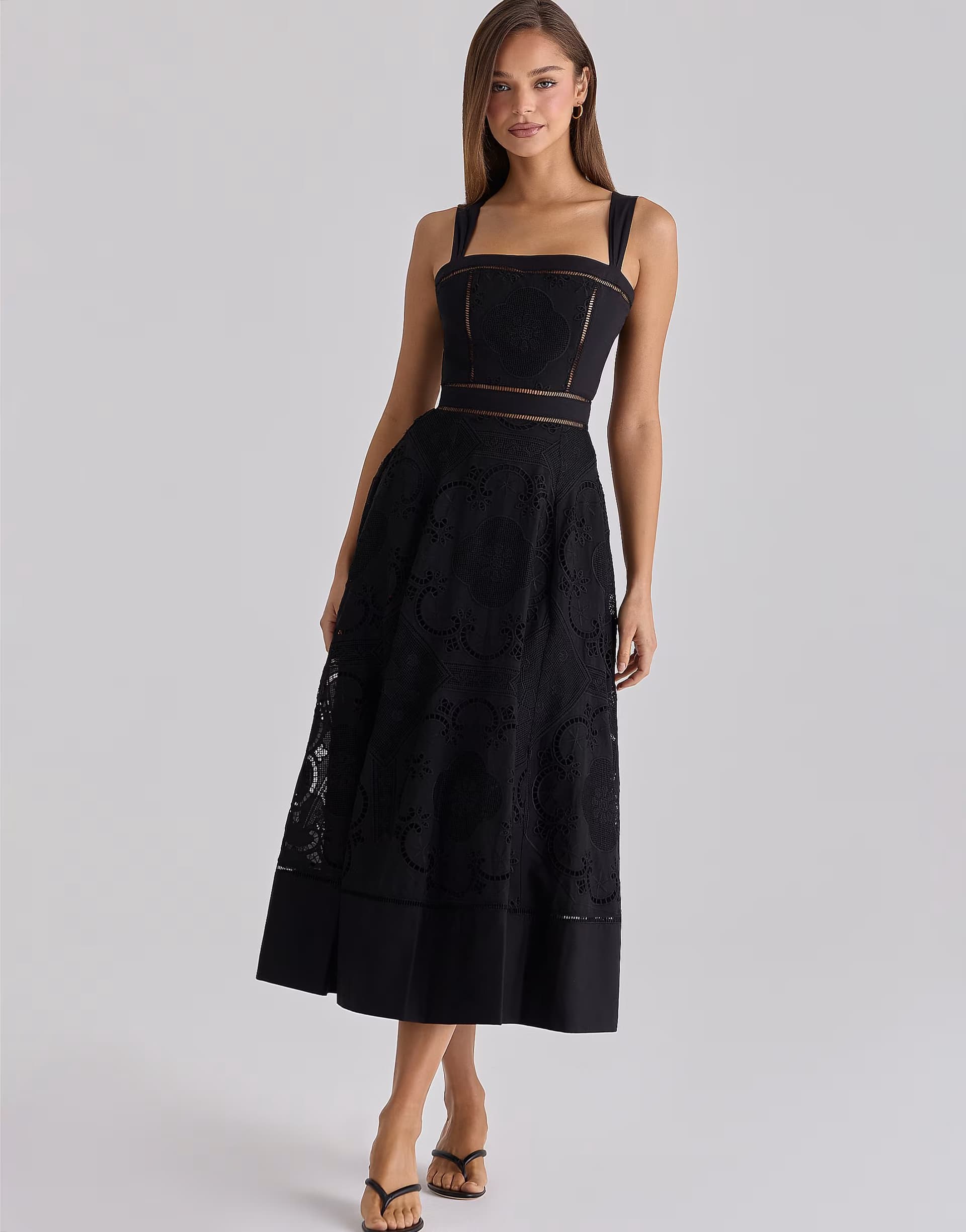 ASOS House of CB Ava black cotton placement broderie anglaise midi dress in black