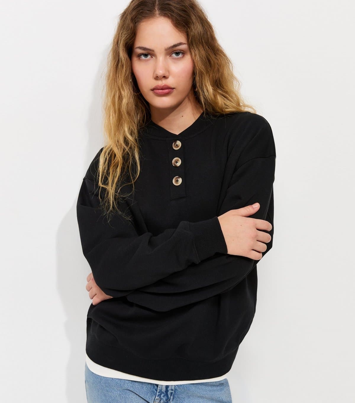 New Look Women's Black Cotton Rich Henley Collar Sweatshirt New Look