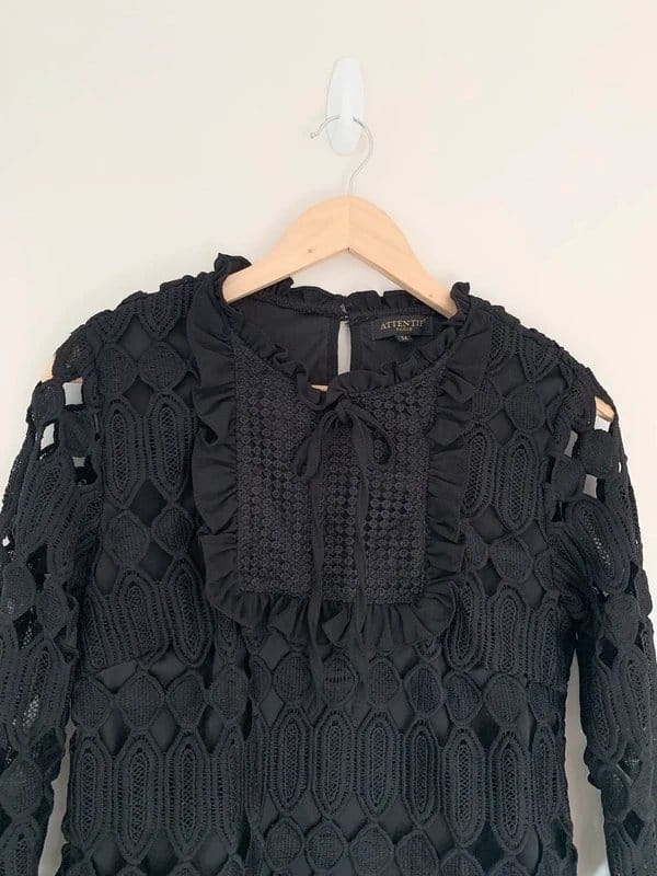 Attentif Black Geometric Lace Blouse – Ruffle Detail – Size S