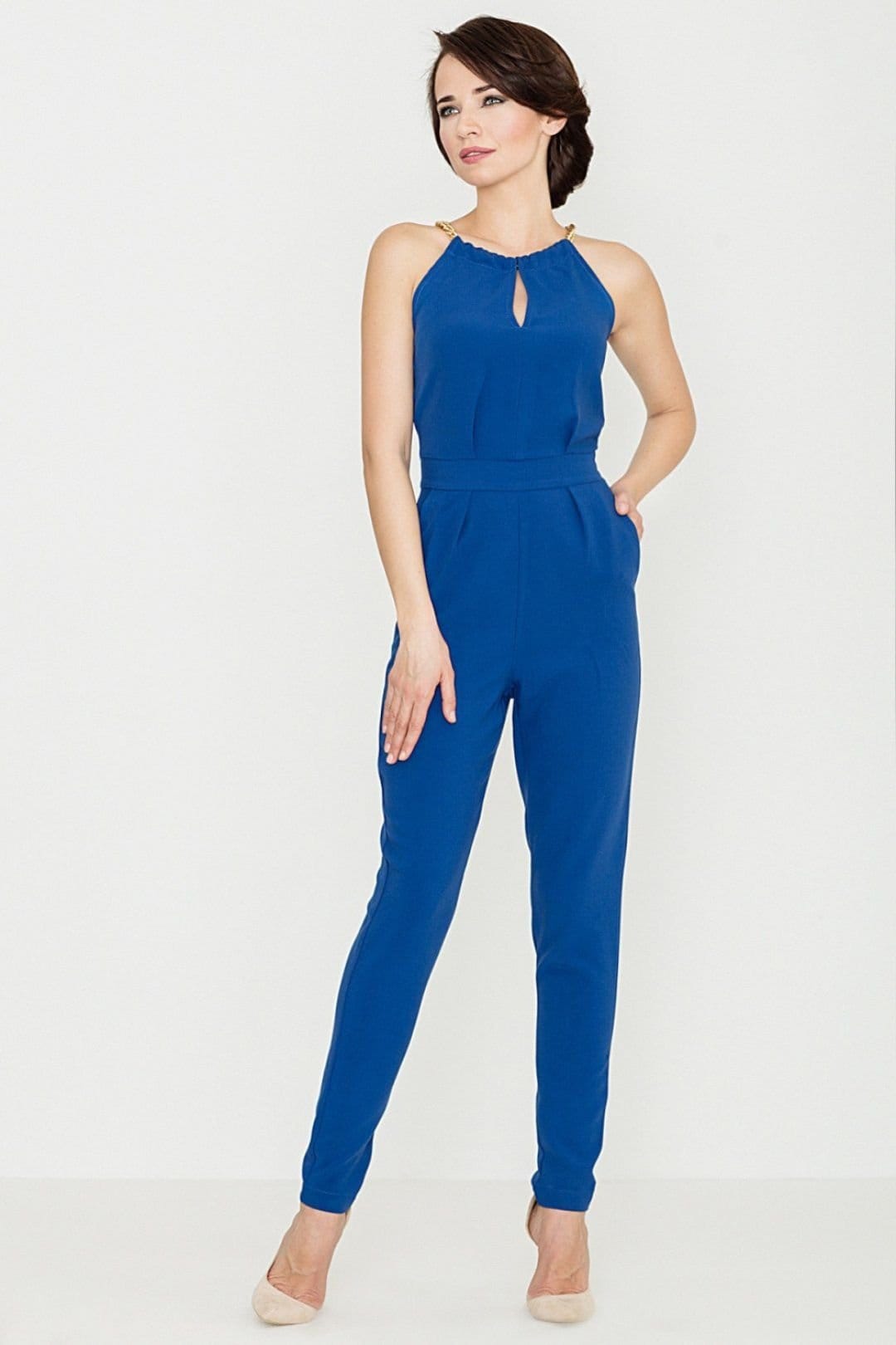 Love Lace Blue Chain Trim Tapered Jumpsuit