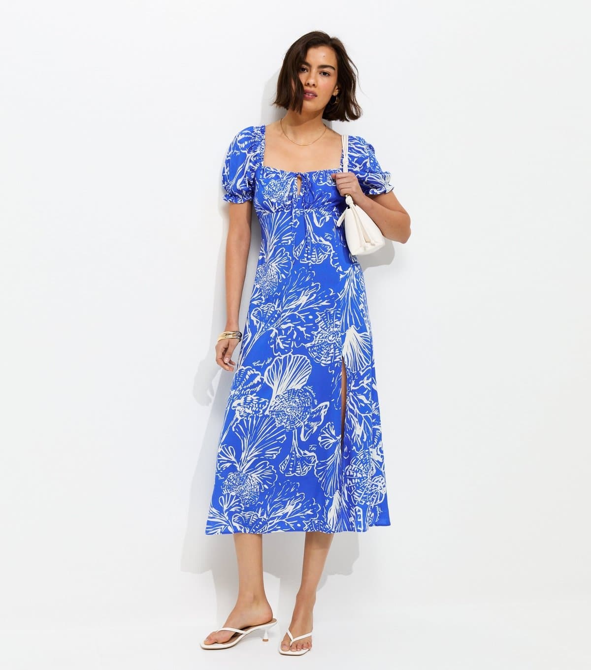 New Look Women's Blue Sketchy Coral Print Slit Hem Midi Dress New Look
