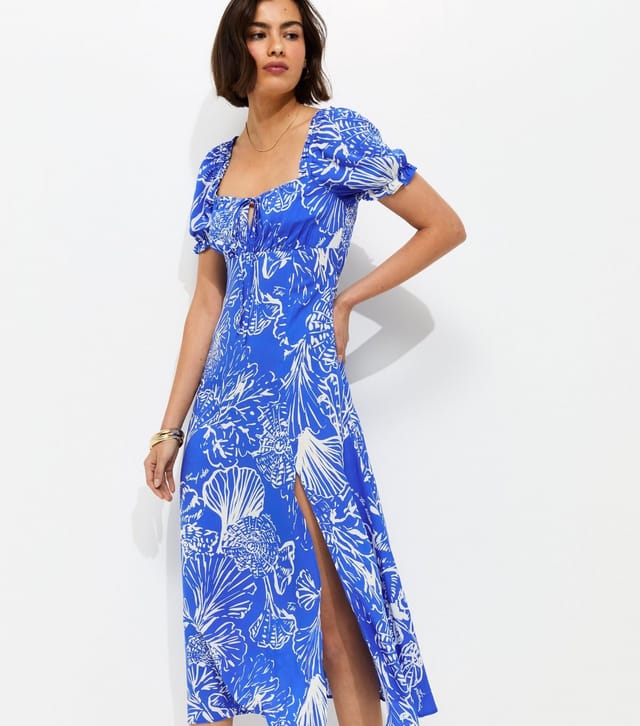 New Look Women's Blue Sketchy Coral Print Slit Hem Midi Dress New Look - 3