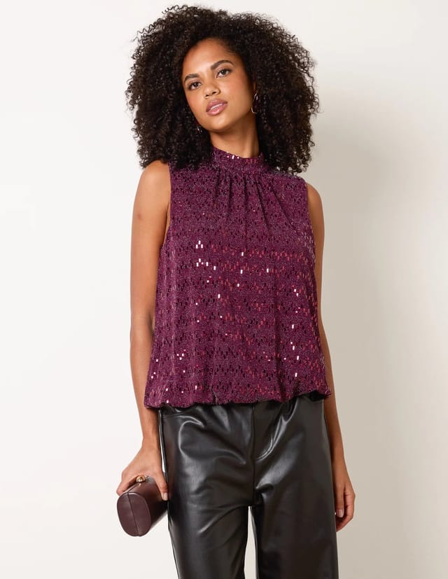 Blue Vanilla High Neck Metallic Puff Ball Blouse - 2
